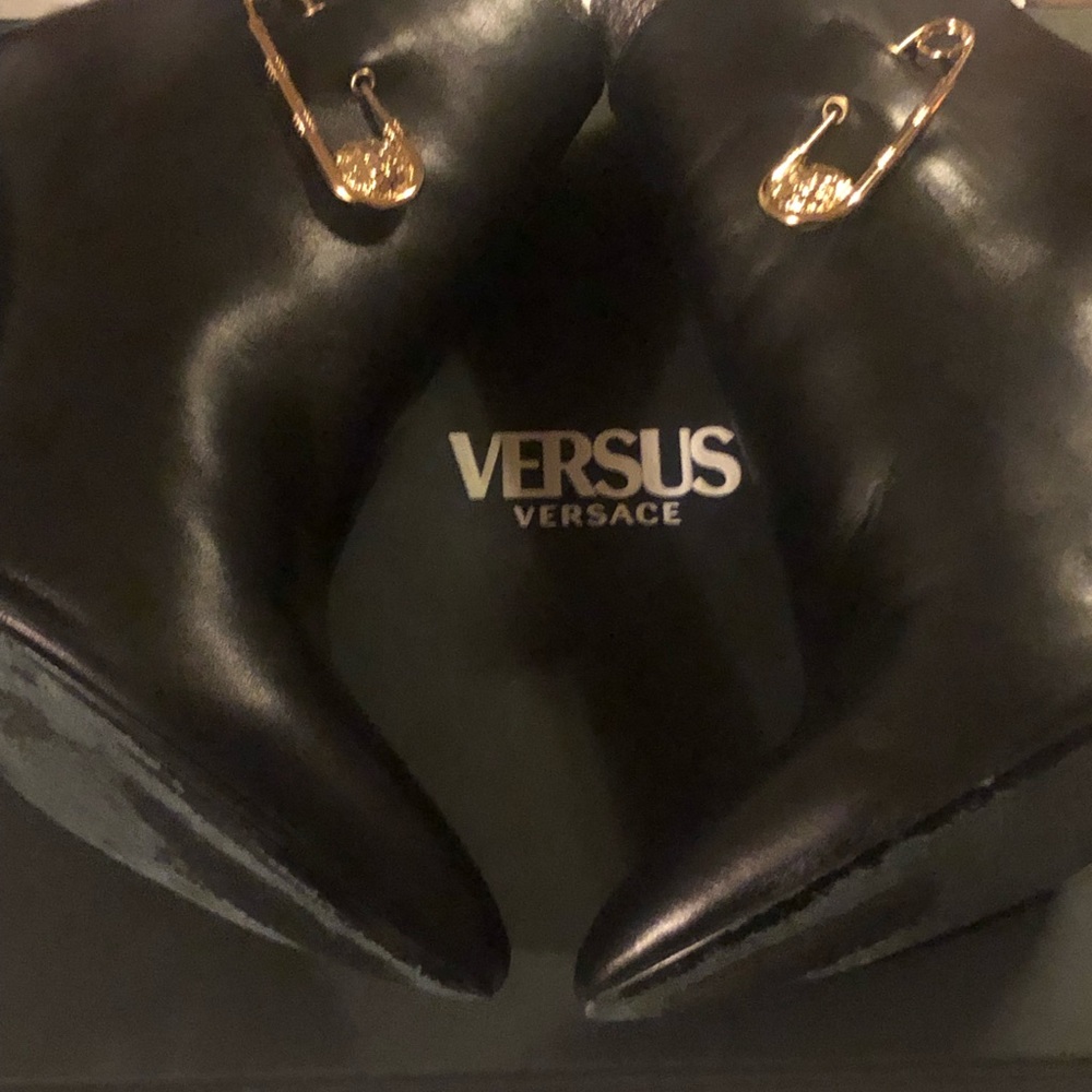 VERSACE Black Leather Booties w/ Logo Pin - Picture 2 of 9